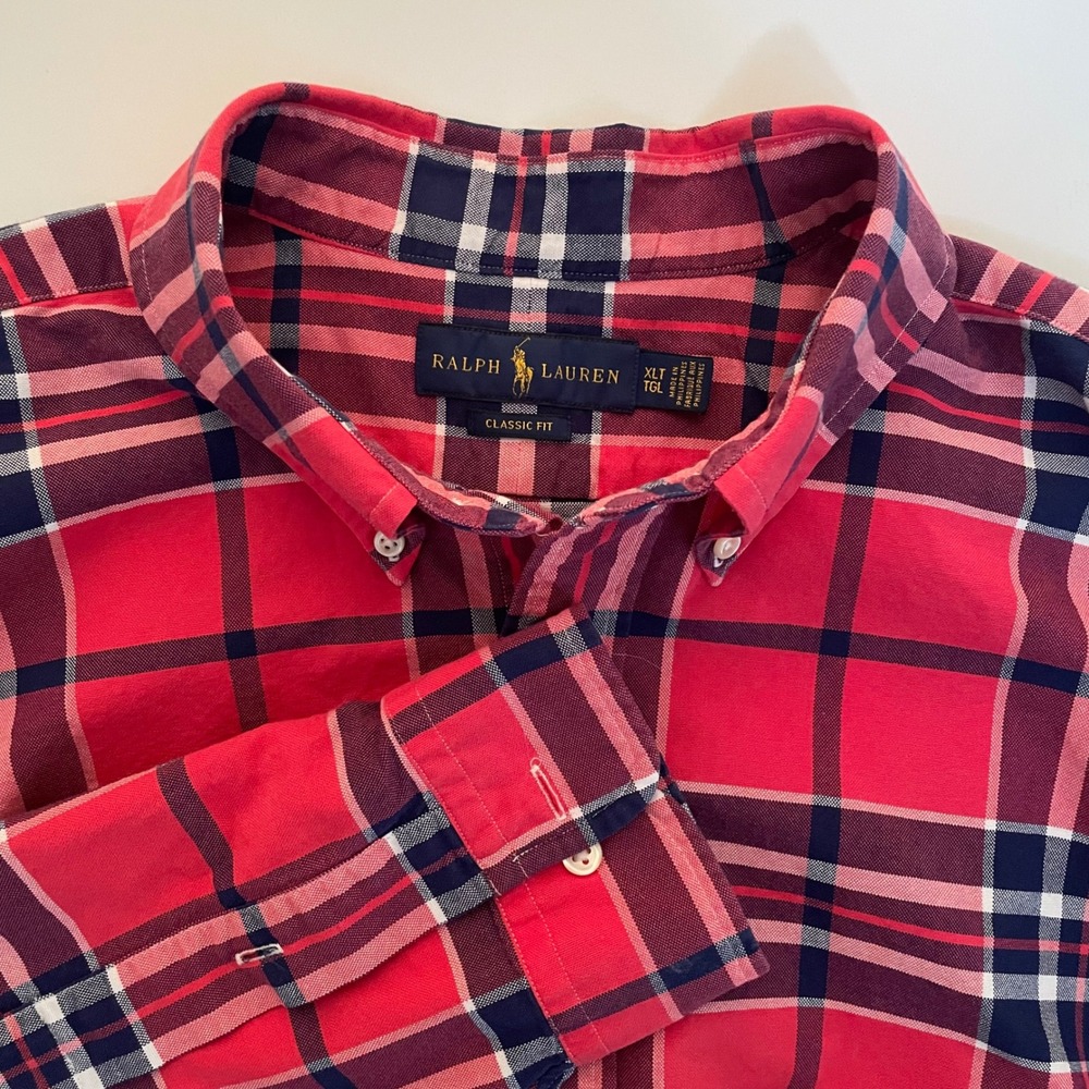 Ralph‎ Lauren Classic Fit Plaid Button Down Shirt Mens XLT Red Navy Blue Cotton
